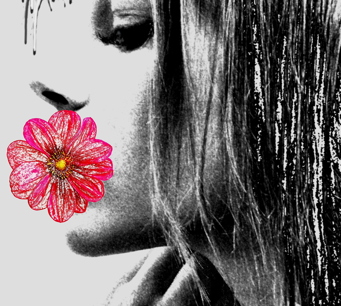 Surreal portrait, Digital painting Girl with Flower in Profile ORIGINAL DIGITAL ART ON CANVAS by Alex Solodov