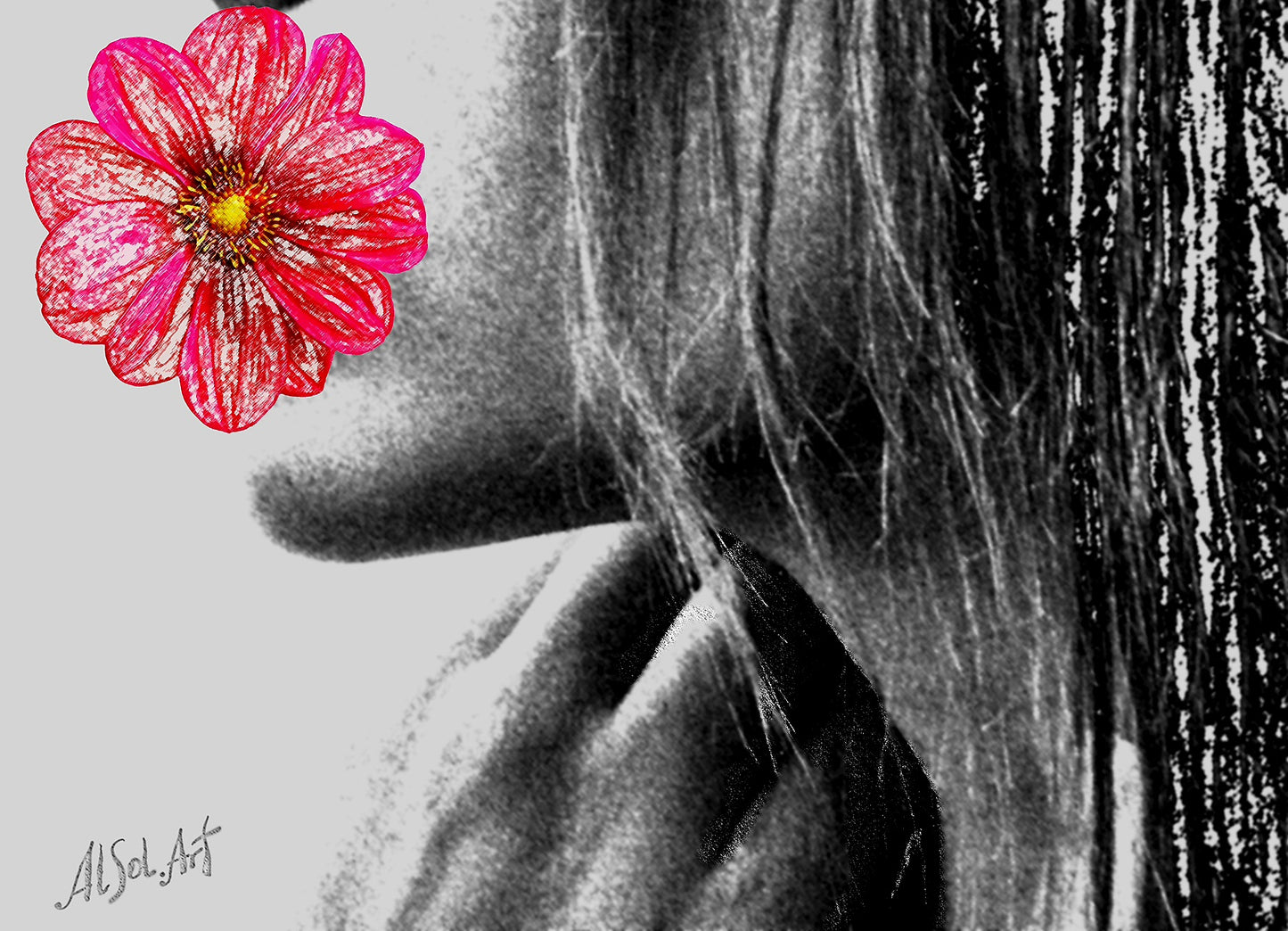 Surreal portrait, Digital painting Girl with Flower in Profile ORIGINAL DIGITAL ART ON CANVAS by Alex Solodov
