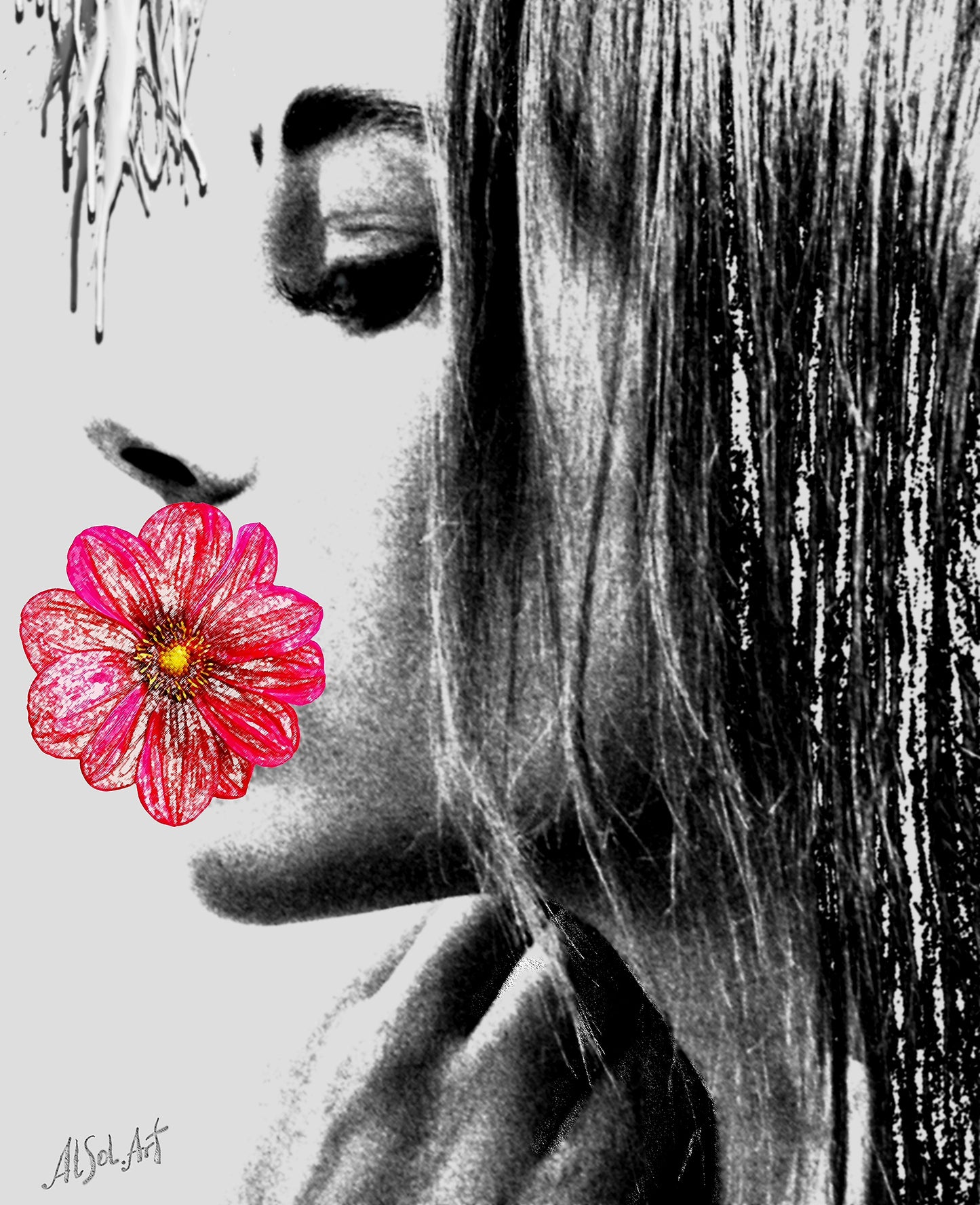 Surreal portrait, Digital painting Girl with Flower in Profile ORIGINAL DIGITAL ART ON CANVAS by Alex Solodov