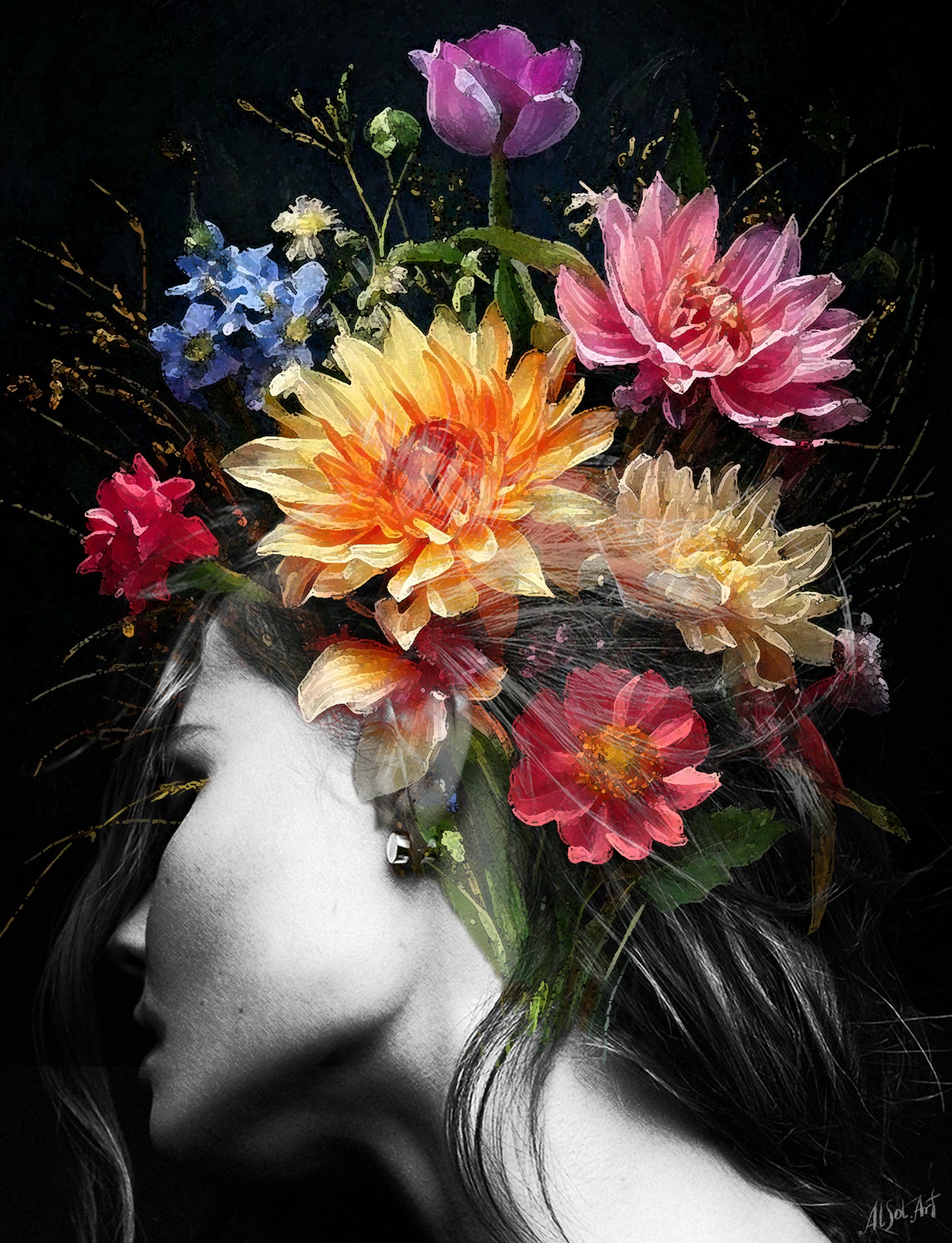 Surreal portrait, Digital artwork Woman with Flowers in Profile ORIGINAL ART by Alex Solodov