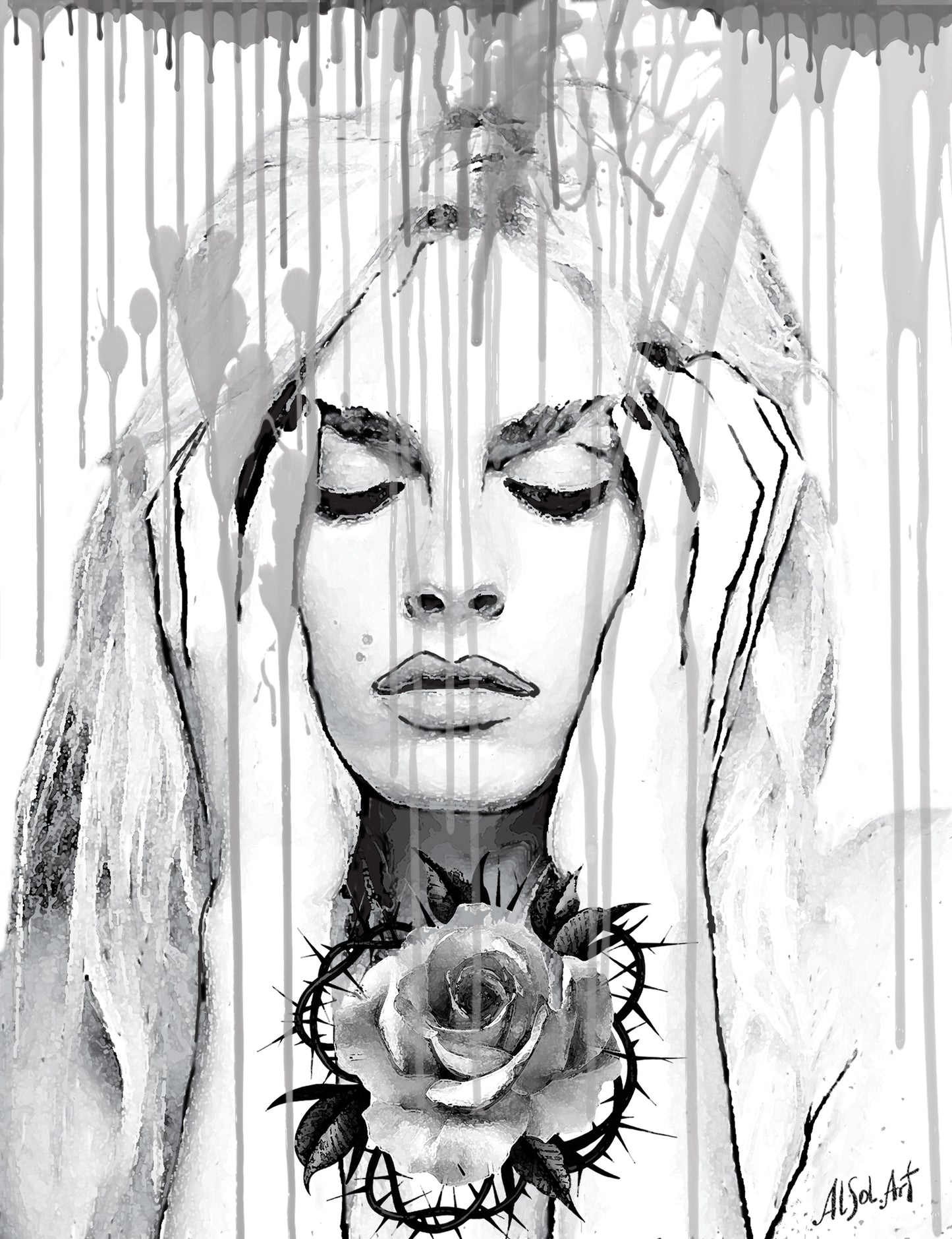 Pop art portrait, Digital ink painting Girl with Rose ORIGINAL DIGITAL ART ON CANVAS by Alex Solodov