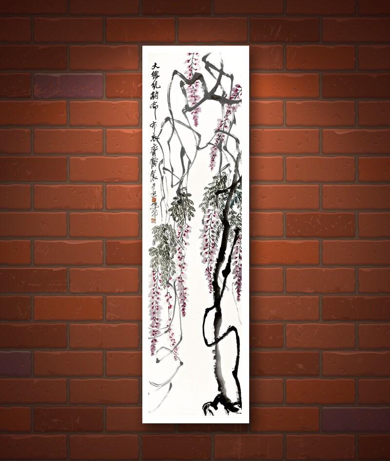 Chinese art, Asian plants, Flowers, Wisteria watercolor painting Qi Baishi, antique Chinese art prints, art posters, reproduction, wall art