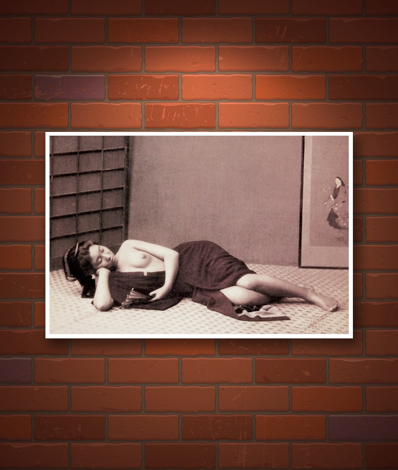 Japanese geisha vintage photography, Nude geisha lying FINE ART PRINT, old antique photographs art prints, Japanese geishas wall art posters