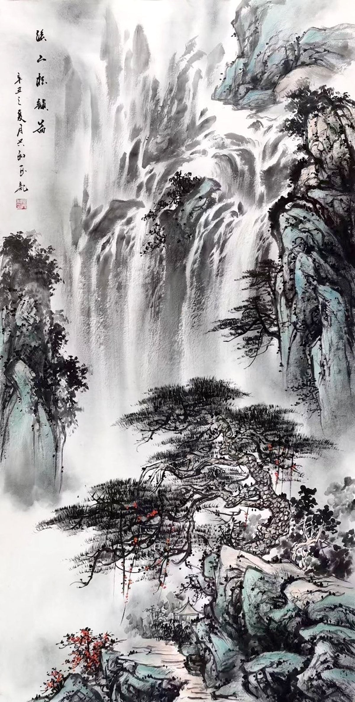 Chinese art prints, Asian nature landscape, Waterfall watercolor painting FINE ART PRINT, Chinese antique painting, wall posters, home decor