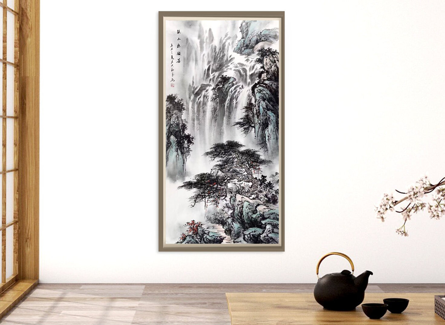 Chinese art prints, Asian nature landscape, Waterfall watercolor painting FINE ART PRINT, Chinese antique painting, wall posters, home decor