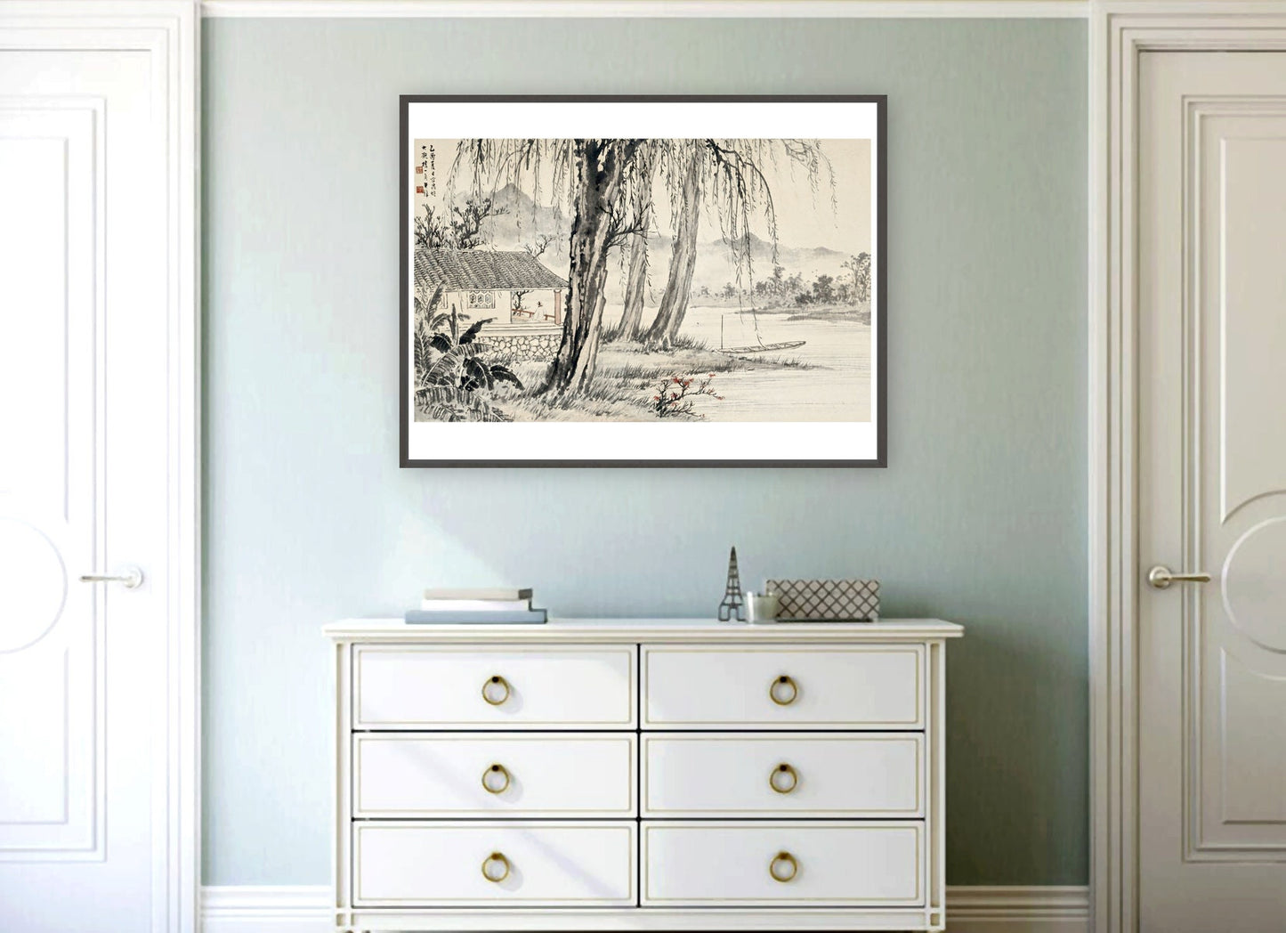 Chinese art print, landscape and nature painting, Landscape with a boat FINE ART PRINT, art poster, Asian wall art, Chinese home decor, gift