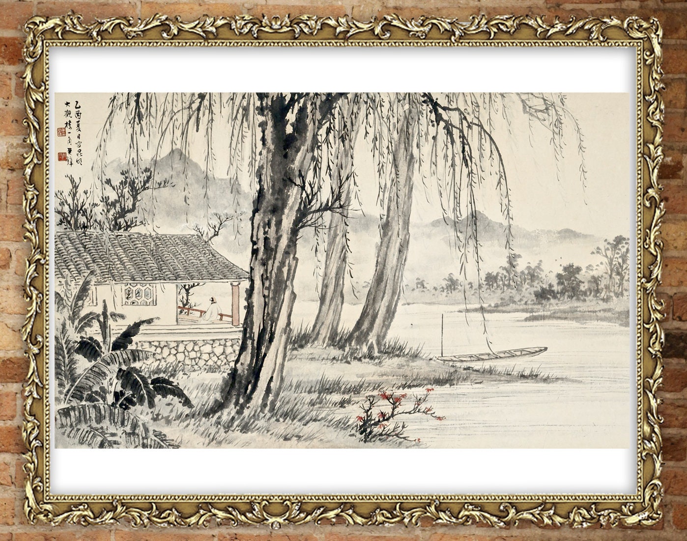 Chinese art print, landscape and nature painting, Landscape with a boat FINE ART PRINT, art poster, Asian wall art, Chinese home decor, gift