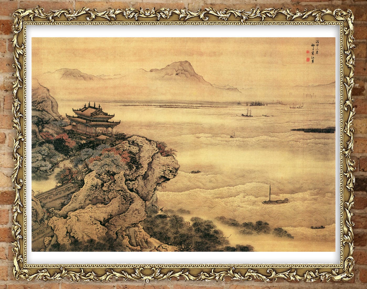 Chinese art print, landscape and nature painting, Landscape with a boat and temple FINE ART PRINT, art posters, wall art, Chinese home decor