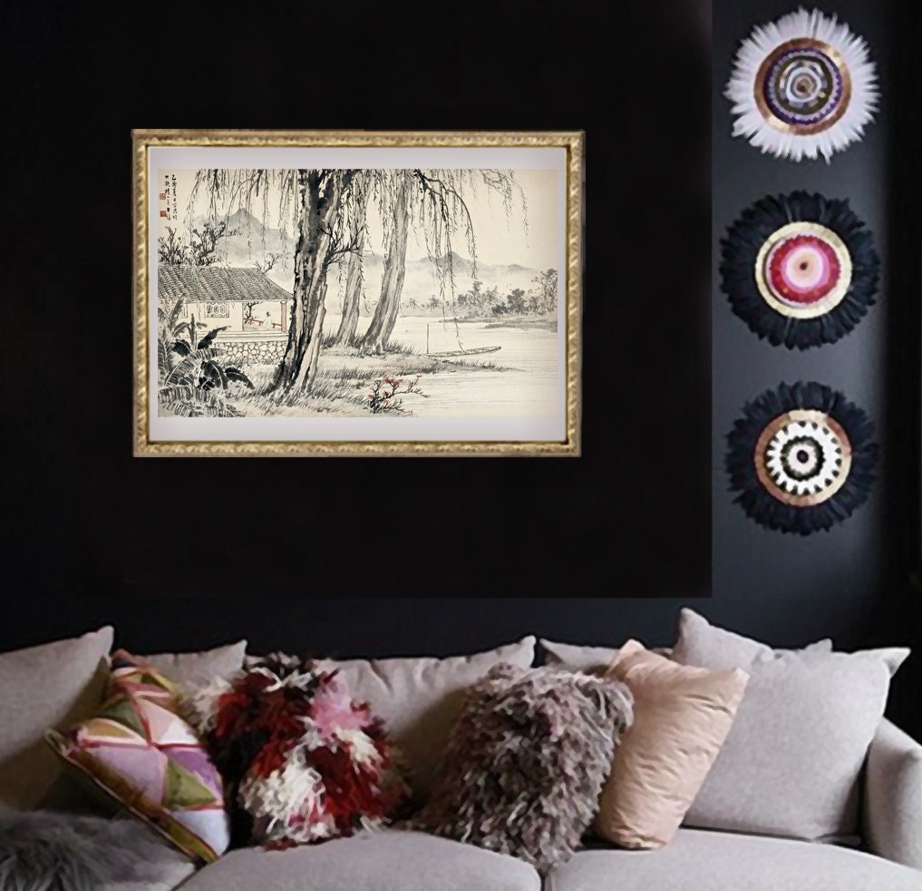 Chinese art print, landscape and nature painting, Landscape with a boat FINE ART PRINT, art poster, Asian wall art, Chinese home decor, gift