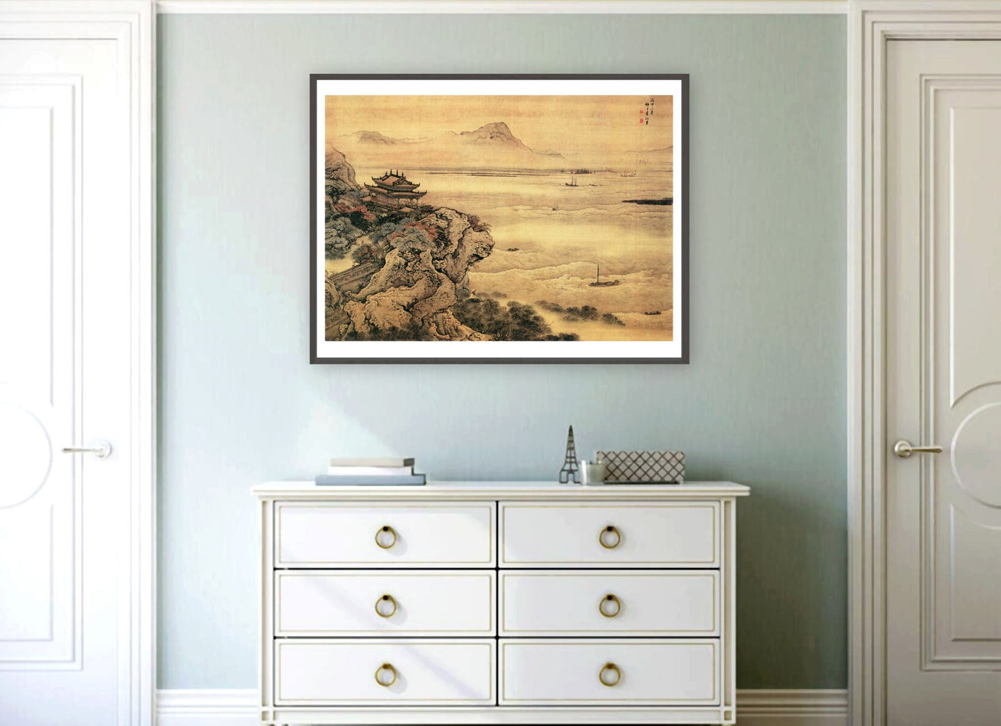 Chinese art print, landscape and nature painting, Landscape with a boat and temple FINE ART PRINT, art posters, wall art, Chinese home decor