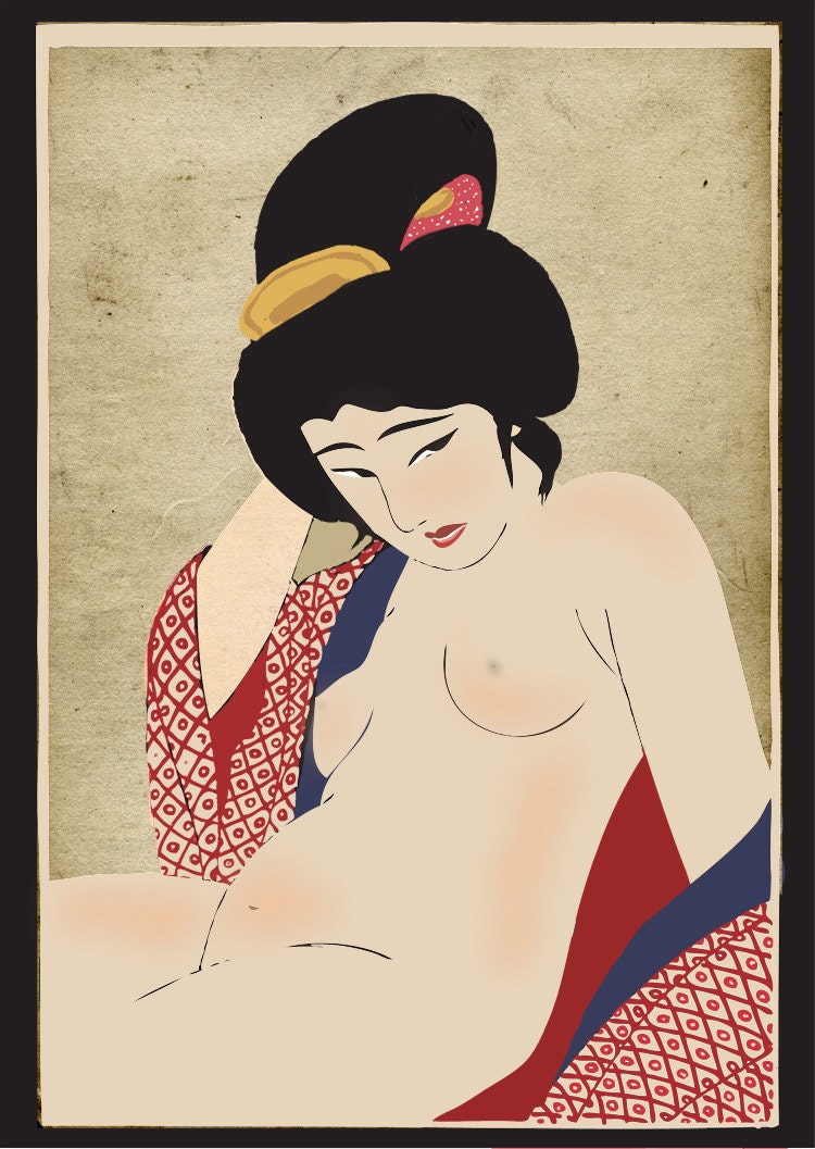 Nude japanese geisha, FINE ART PRINT, old erotic vintage japanese art, japanese girl, japanese poster, japan wall art, japan home decor