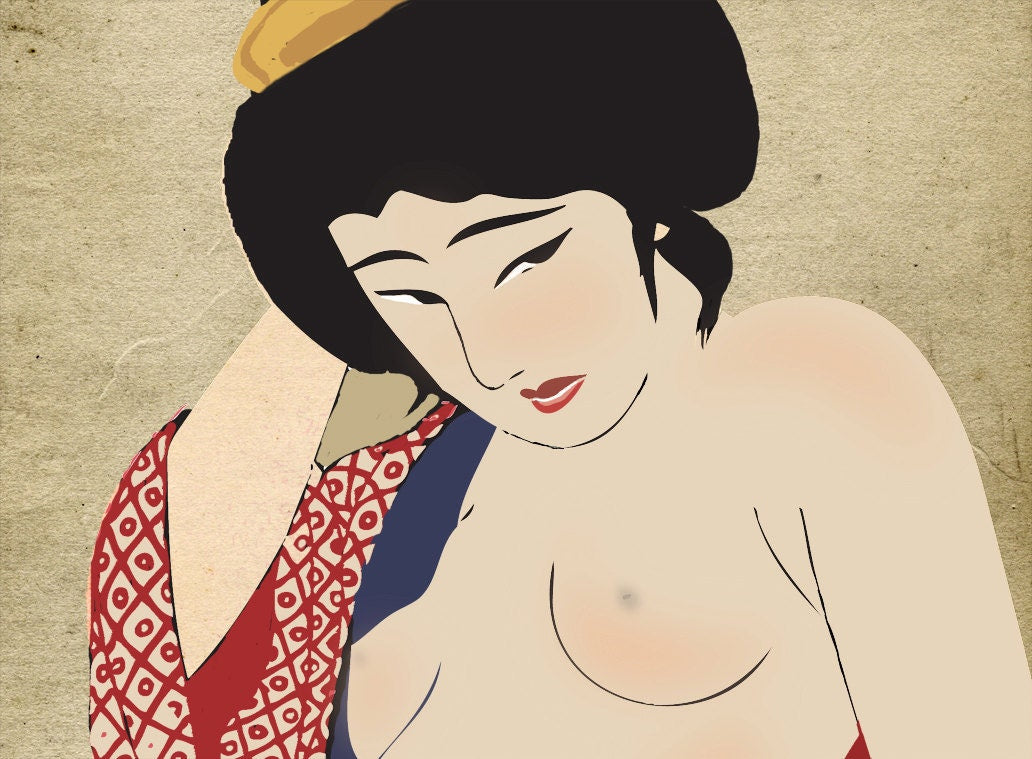 Nude japanese geisha, FINE ART PRINT, old erotic vintage japanese art, japanese girl, japanese poster, japan wall art, japan home decor