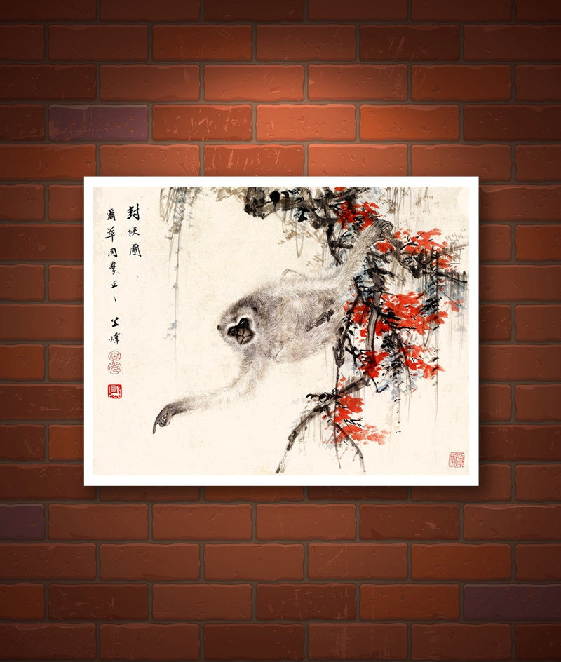 Chinese animals art prints, Monkey painting fine art reproduction, china modern animal nature paintings, prints, wall posters, home decor