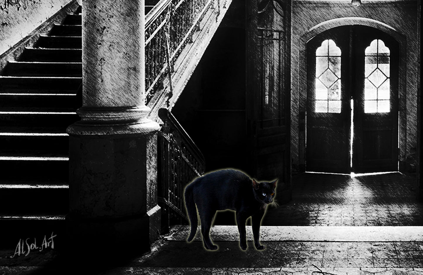 Surreal portrait, Ghotic painting Haunting Mansion ORIGINAL DIGITAL ART ON CANVAS by Alex Solodov