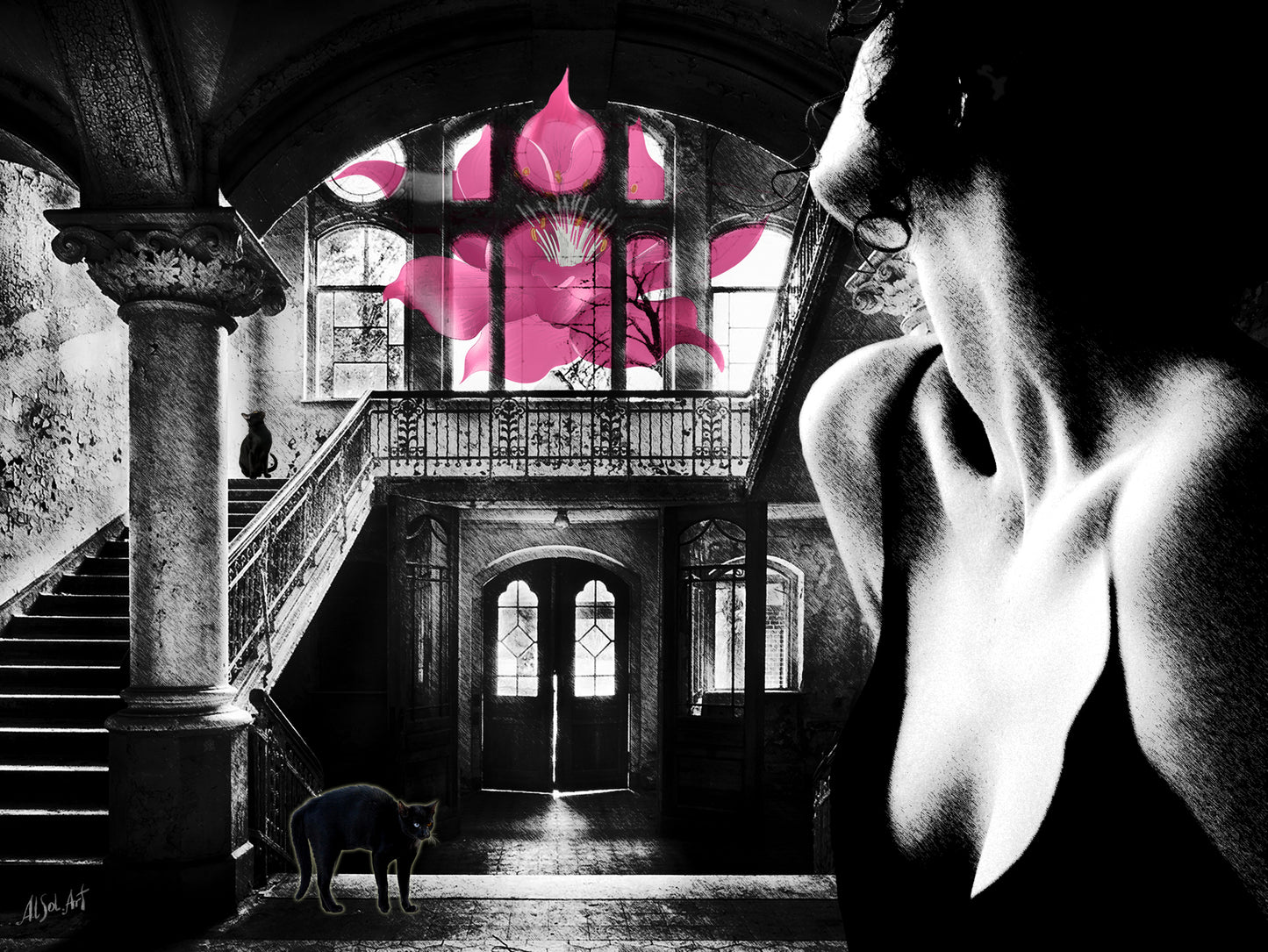 Surreal portrait, Ghotic painting Haunting Mansion ORIGINAL DIGITAL ART ON CANVAS by Alex Solodov