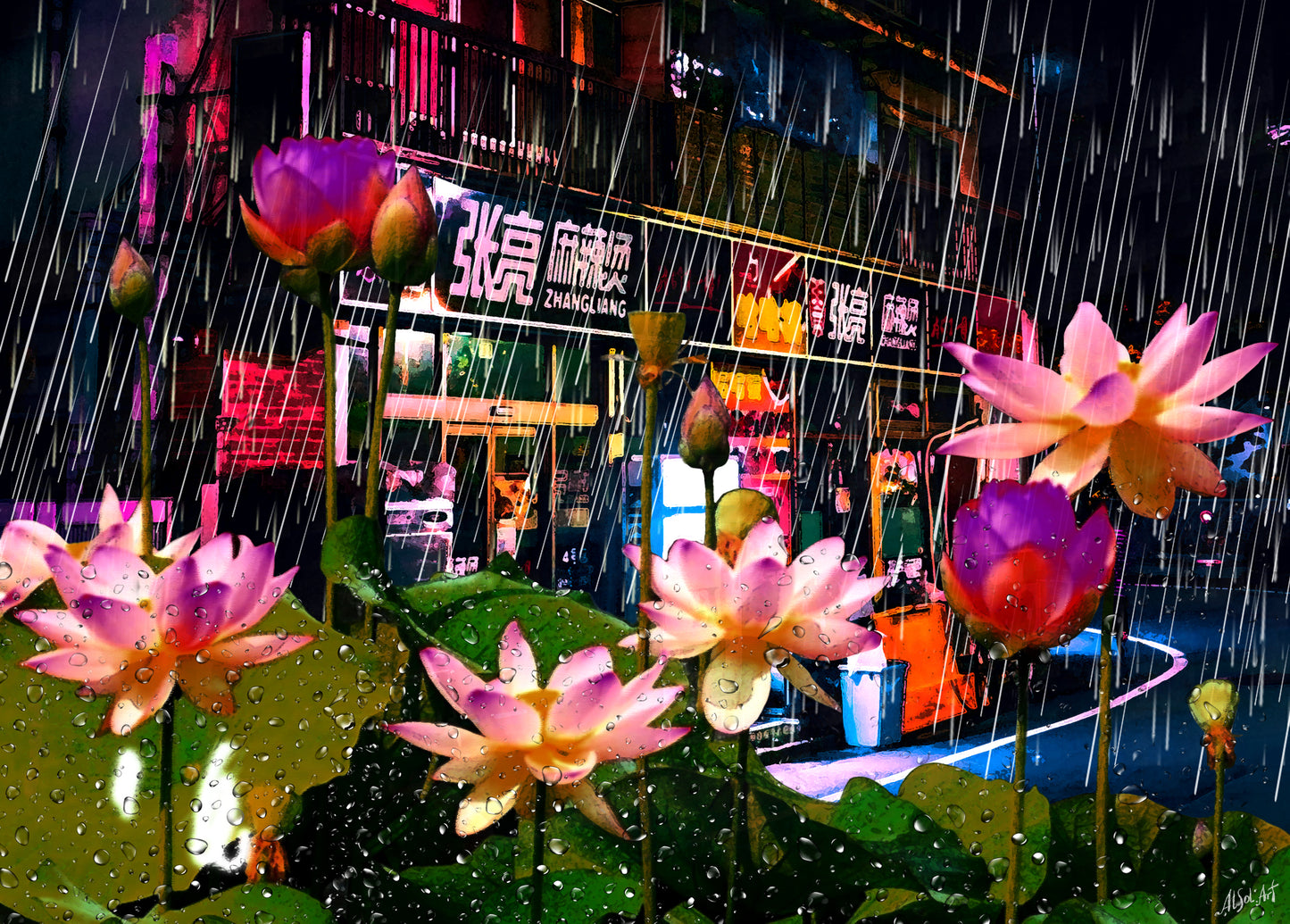 Abstract cityscape art photography, Asian art, Lotuses under the Rain ORIGINAL DIGITAL ART by Alex Solodov