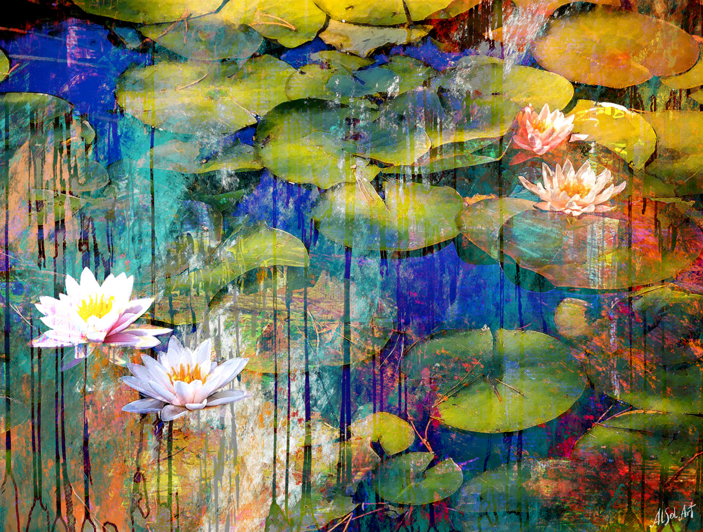 Large floral painting, Abstract Lotuses Flowers in a Pond ORIGINAL DIGITAL ART by Alex Solodov