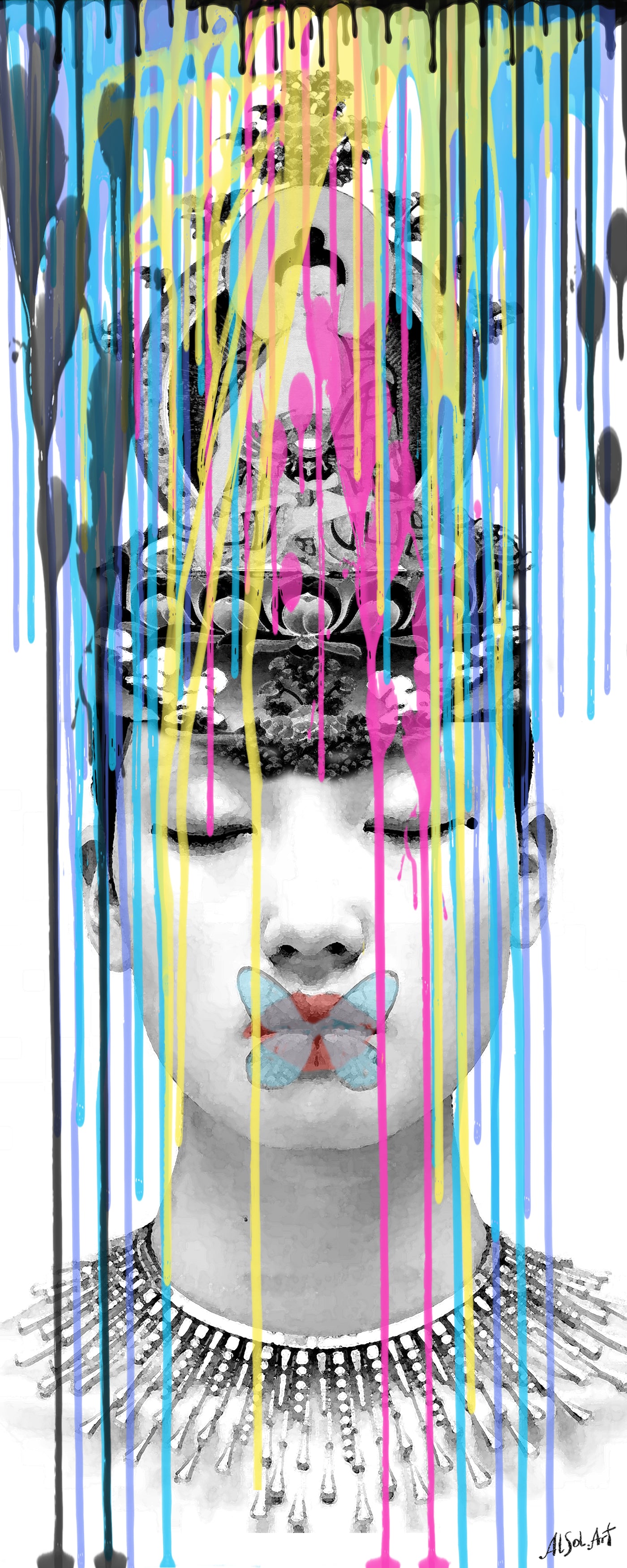 Pop art portrait, Digital ink painting Meditation ORIGINAL DIGITAL ART ON CANVAS by Alex Solodov