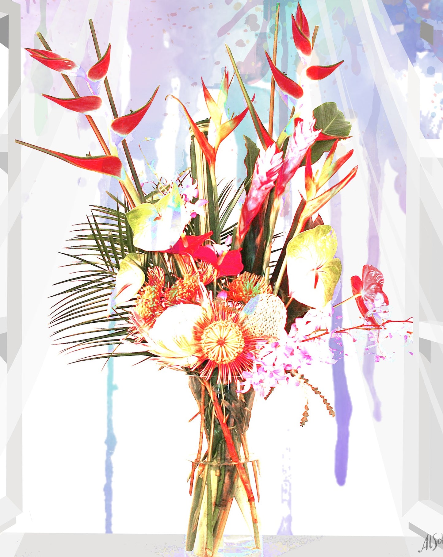 Floral art print, Bouquet of Tropical Flowers in the Morning ORIGINAL DIGITAL ART by Alex Solodov