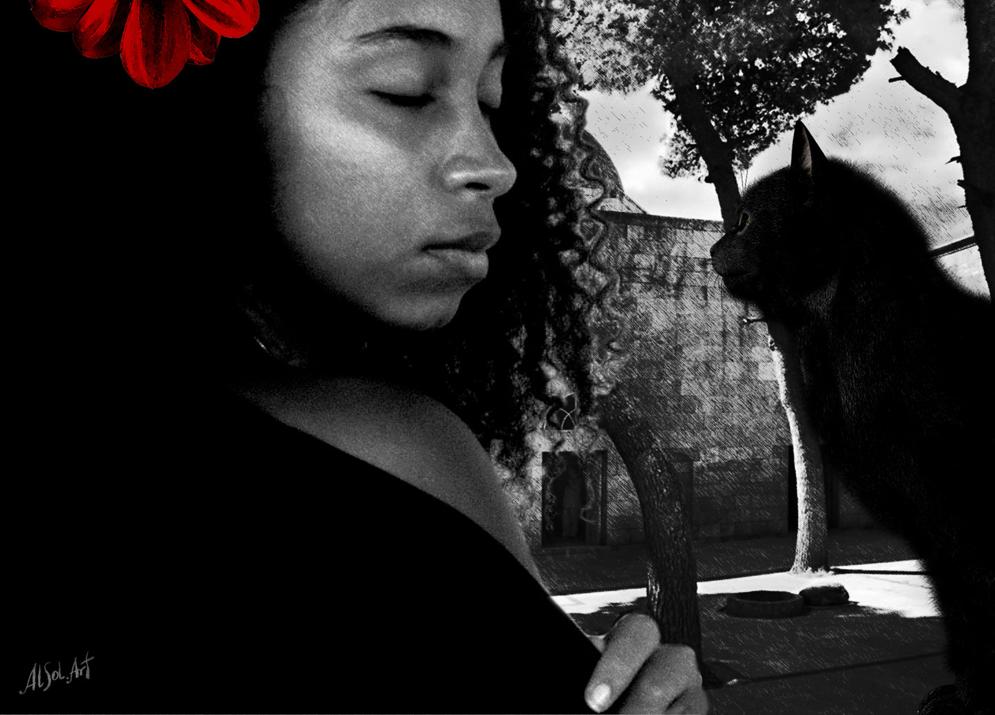 Photorealistic portrait, African girl with black cat, Oasis ORIGINAL DIGITAL ART by Alex Solodov