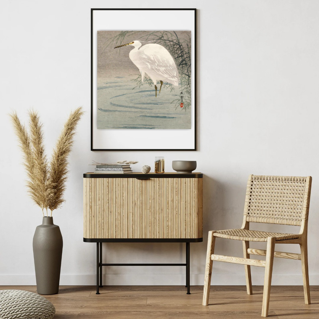 Japanese birds, herons art prints, Ohara Koson, Woodblock print, Heron in Pond FINE ART PRINT