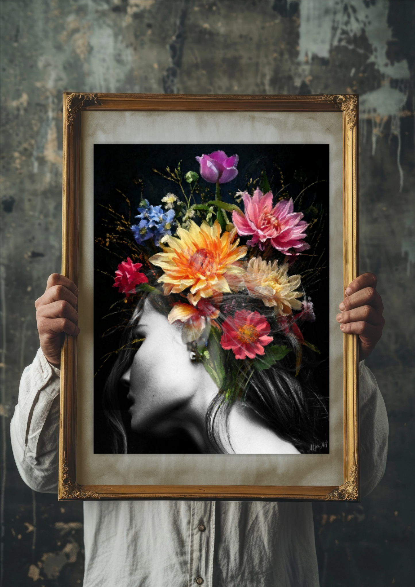 Surreal portrait, Digital artwork Woman with Flowers in Profile ORIGINAL ART by Alex Solodov