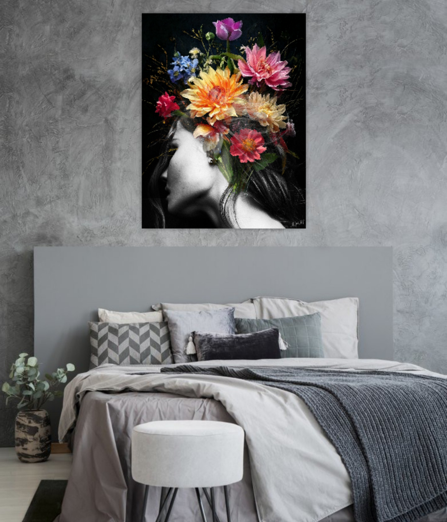 Surreal portrait, Digital artwork Woman with Flowers in Profile ORIGINAL ART by Alex Solodov