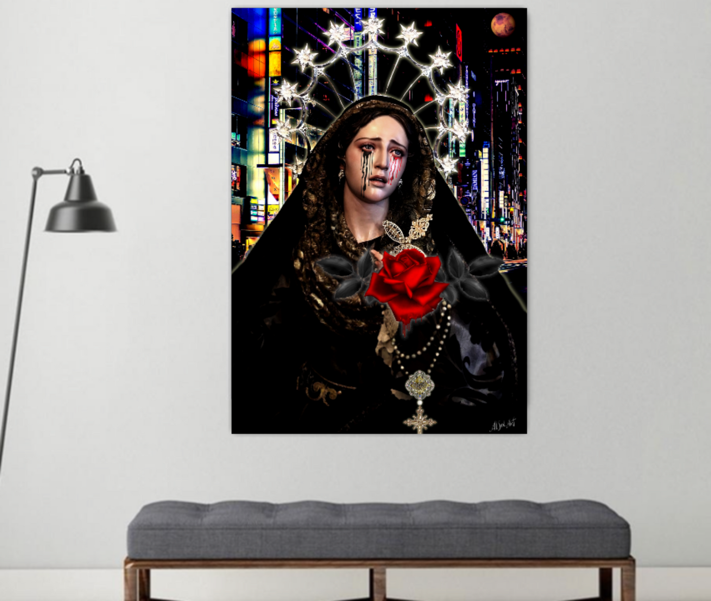 Gothic art, Dark art, Surreal religious art Gothic Madonna with Red Rose ORIGINAL DIGITAL ART by Alex Solodov