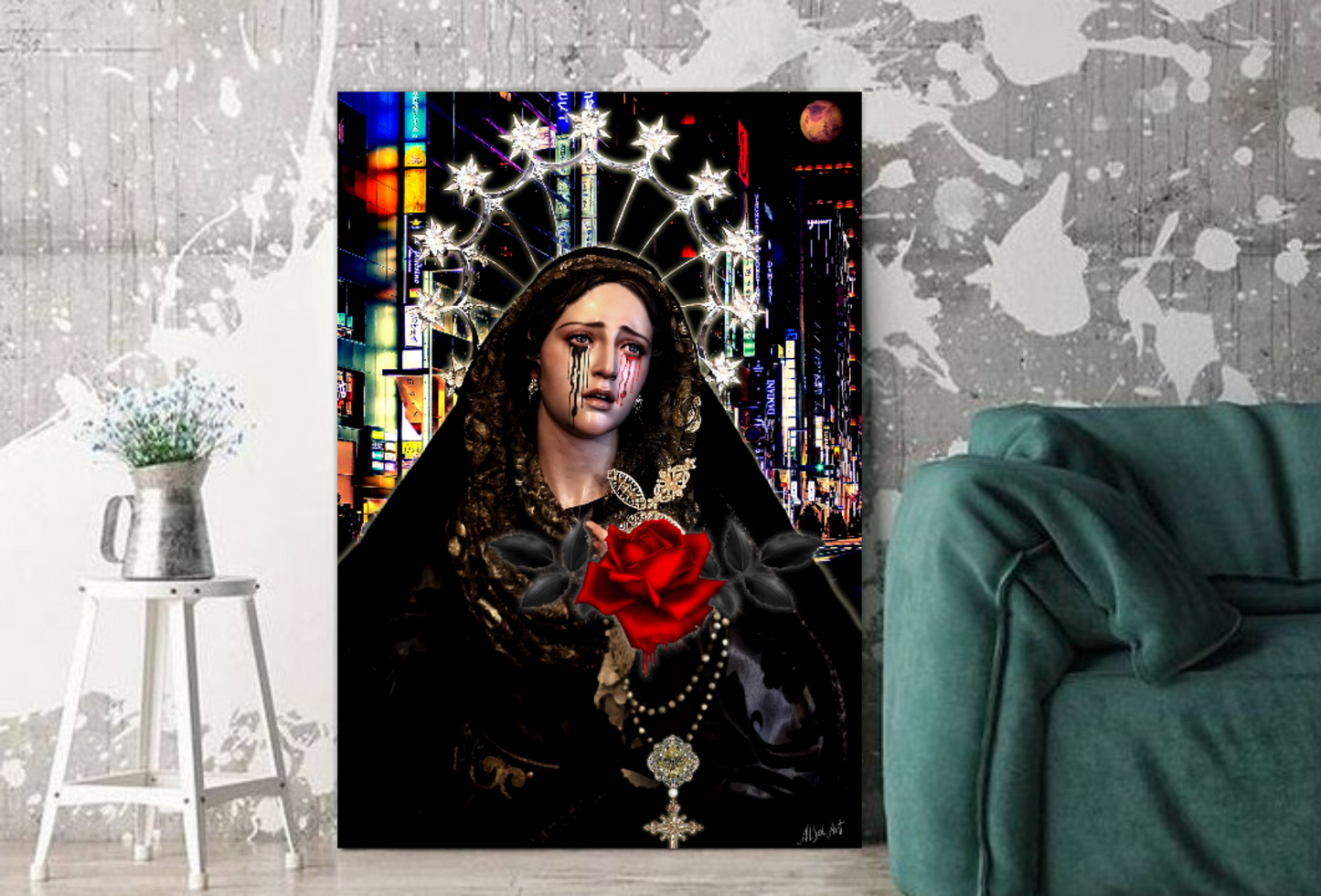 Gothic art, Dark art, Surreal religious art Gothic Madonna with Red Rose ORIGINAL DIGITAL ART by Alex Solodov