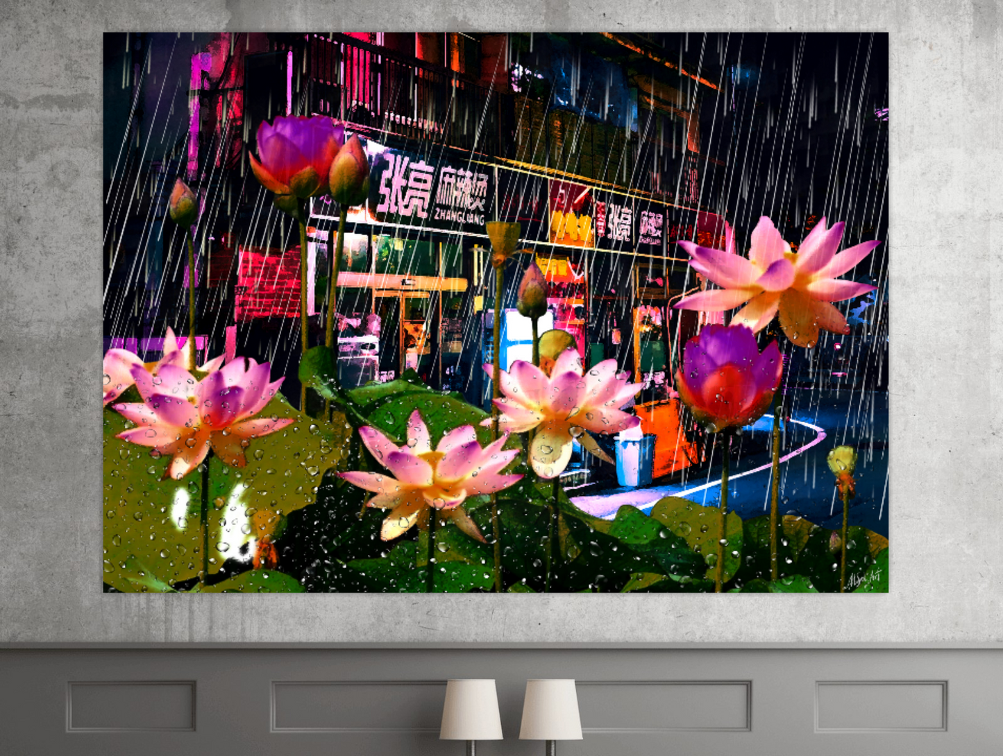 Abstract cityscape art photography, Asian art, Lotuses under the Rain ORIGINAL DIGITAL ART by Alex Solodov