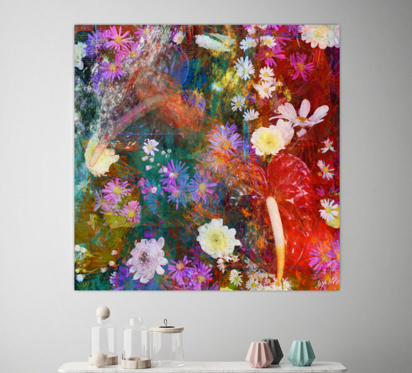 Large floral painting, Abstract Orchids and Daisies Flowers ORIGINAL DIGITAL ART by Alex Solodov