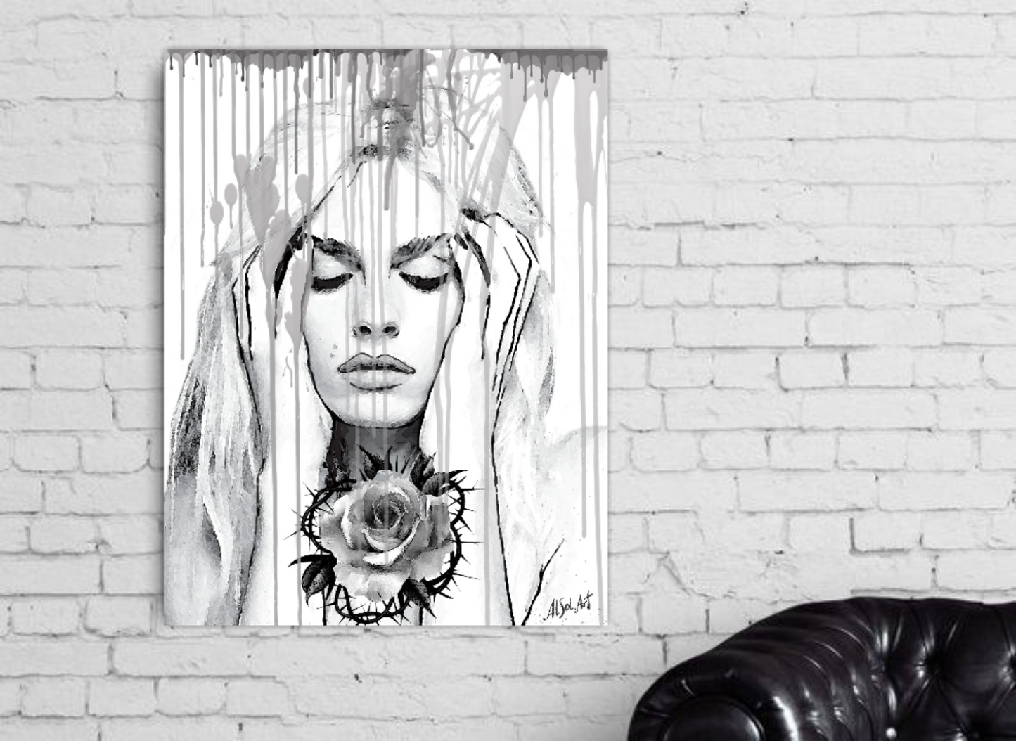 Pop art portrait, Digital ink painting Girl with Rose ORIGINAL DIGITAL ART ON CANVAS by Alex Solodov