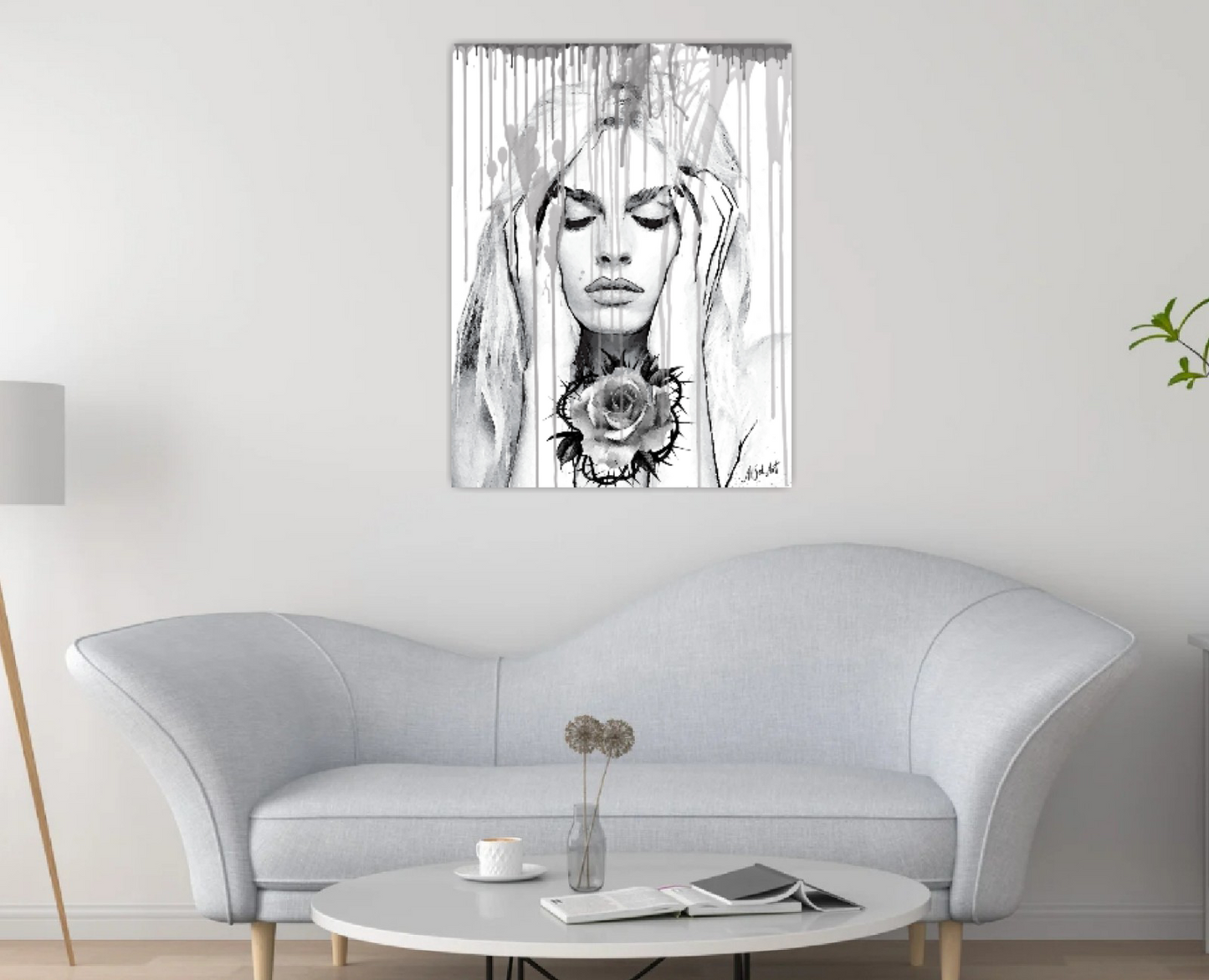 Pop art portrait, Digital ink painting Girl with Rose ORIGINAL DIGITAL ART ON CANVAS by Alex Solodov