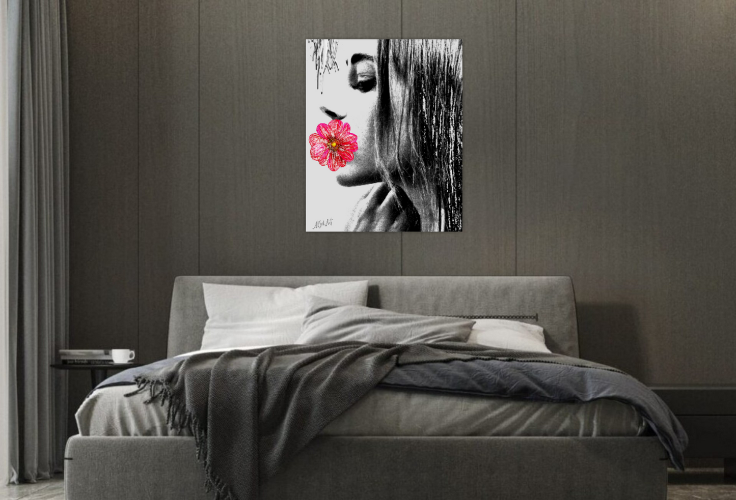 Surreal portrait, Digital painting Girl with Flower in Profile ORIGINAL DIGITAL ART ON CANVAS by Alex Solodov