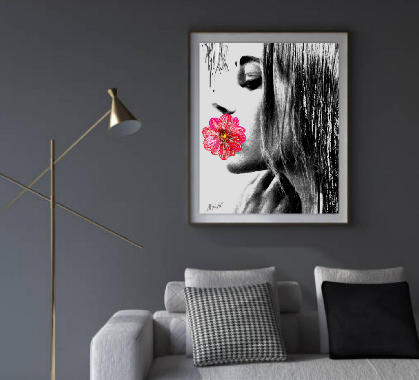 Surreal portrait, Digital painting Girl with Flower in Profile ORIGINAL DIGITAL ART ON CANVAS by Alex Solodov