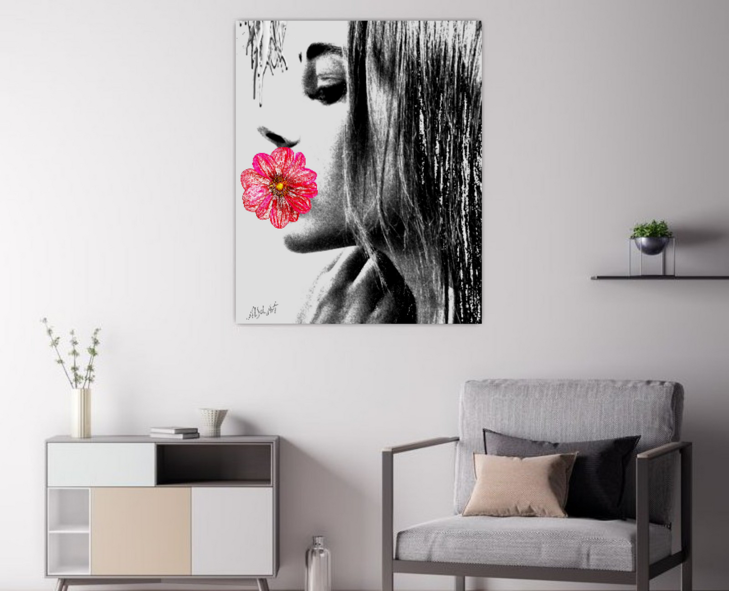Surreal portrait, Digital painting Girl with Flower in Profile ORIGINAL DIGITAL ART ON CANVAS by Alex Solodov