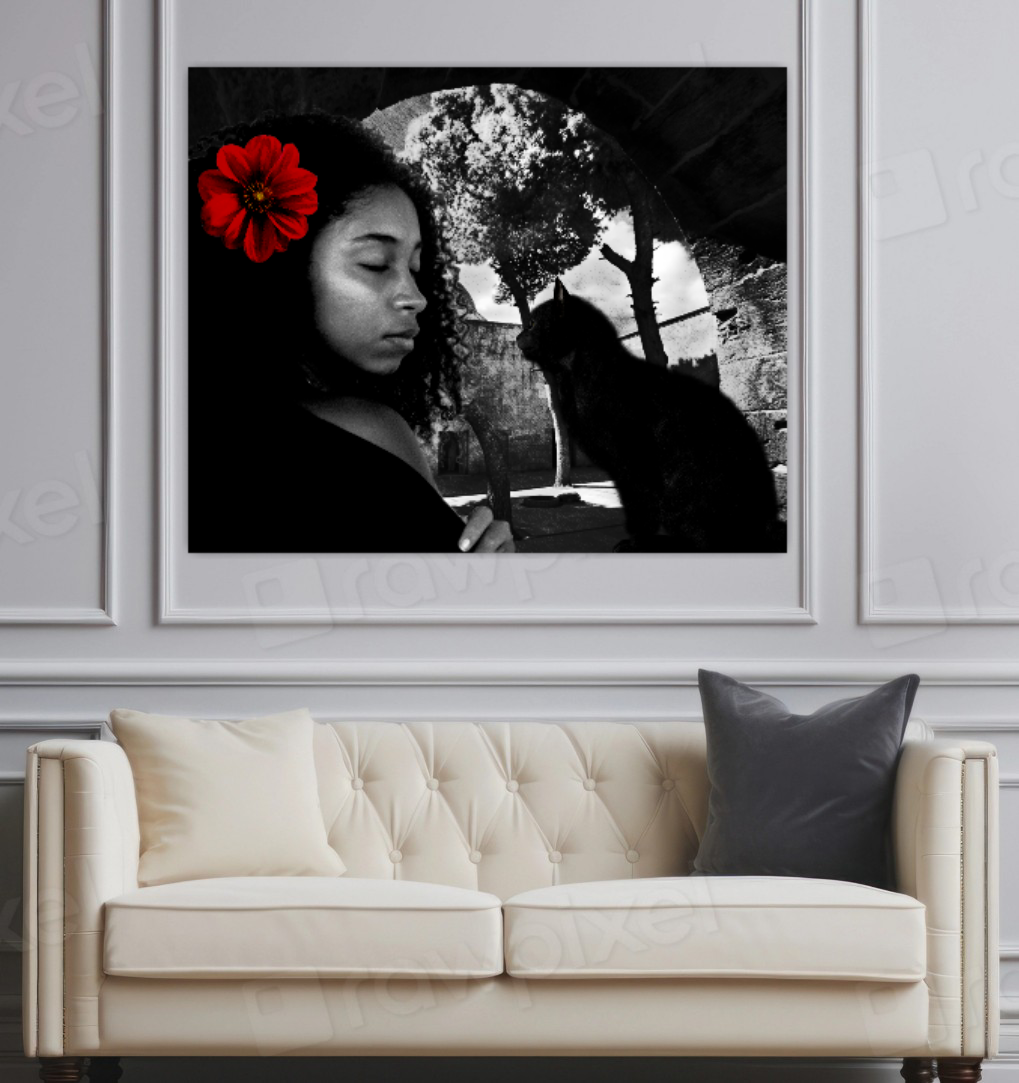 Photorealistic portrait, African girl with black cat, Oasis ORIGINAL DIGITAL ART by Alex Solodov