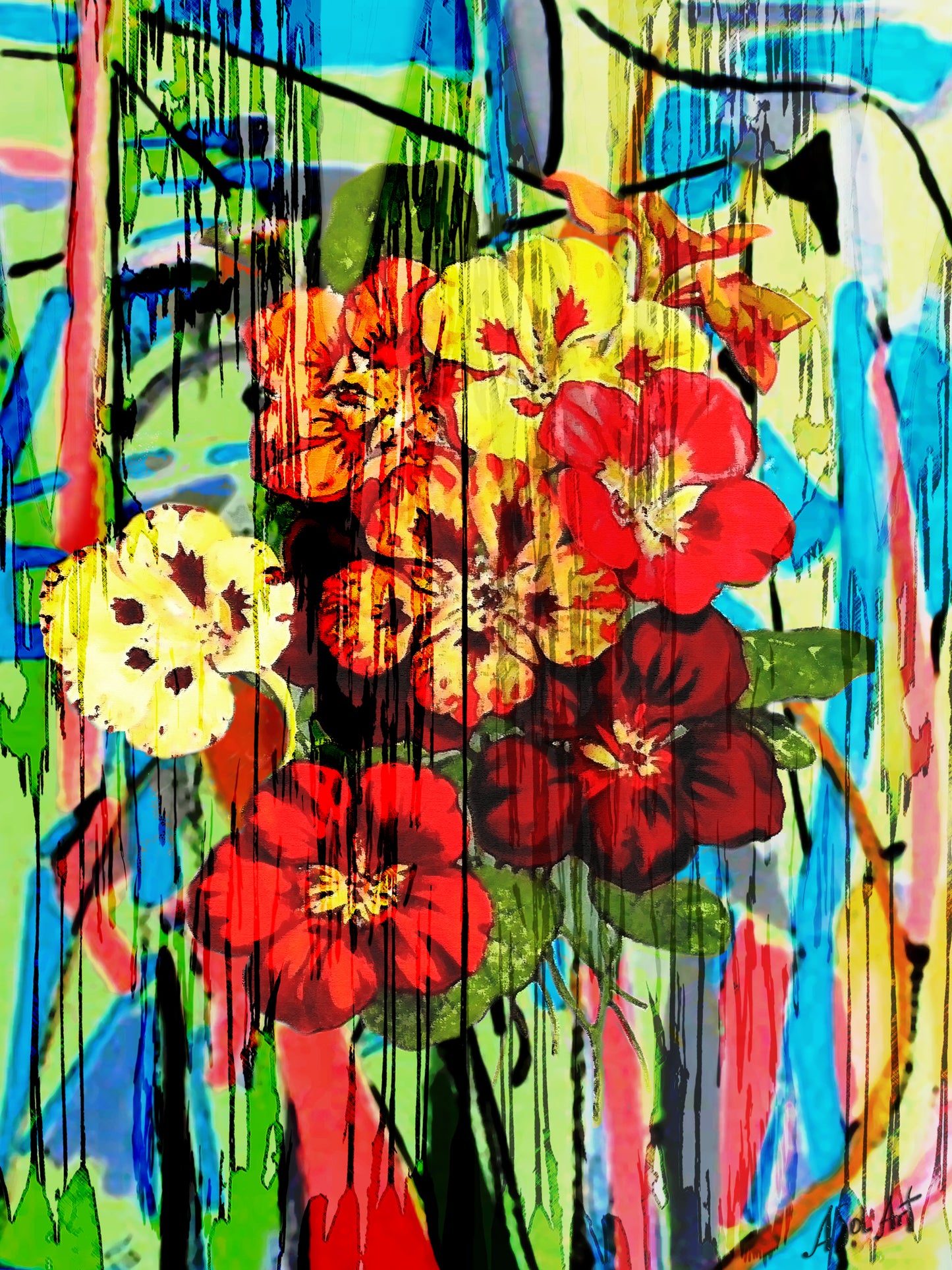 Abstract flowers painting, Red Yellow Flowers ORIGINAL ART by Alex Solodov
