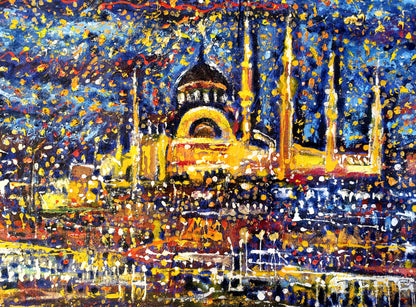 Istanbul painting, Abstract Turkey cityscape, Bosphorus at Starry Night ORIGINAL ART by Alex Solodov