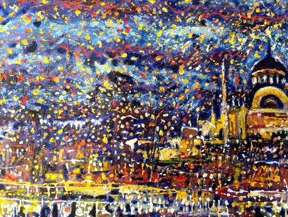 Istanbul painting, Abstract Turkey cityscape, Bosphorus at Starry Night ORIGINAL ART by Alex Solodov