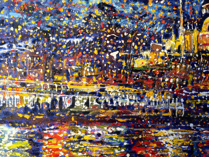 Istanbul painting, Abstract Turkey cityscape, Bosphorus at Starry Night ORIGINAL ART by Alex Solodov