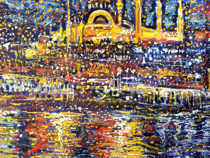 Istanbul painting, Abstract Turkey cityscape, Bosphorus at Starry Night ORIGINAL ART by Alex Solodov