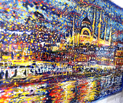 Istanbul painting, Abstract Turkey cityscape, Bosphorus at Starry Night ORIGINAL ART by Alex Solodov