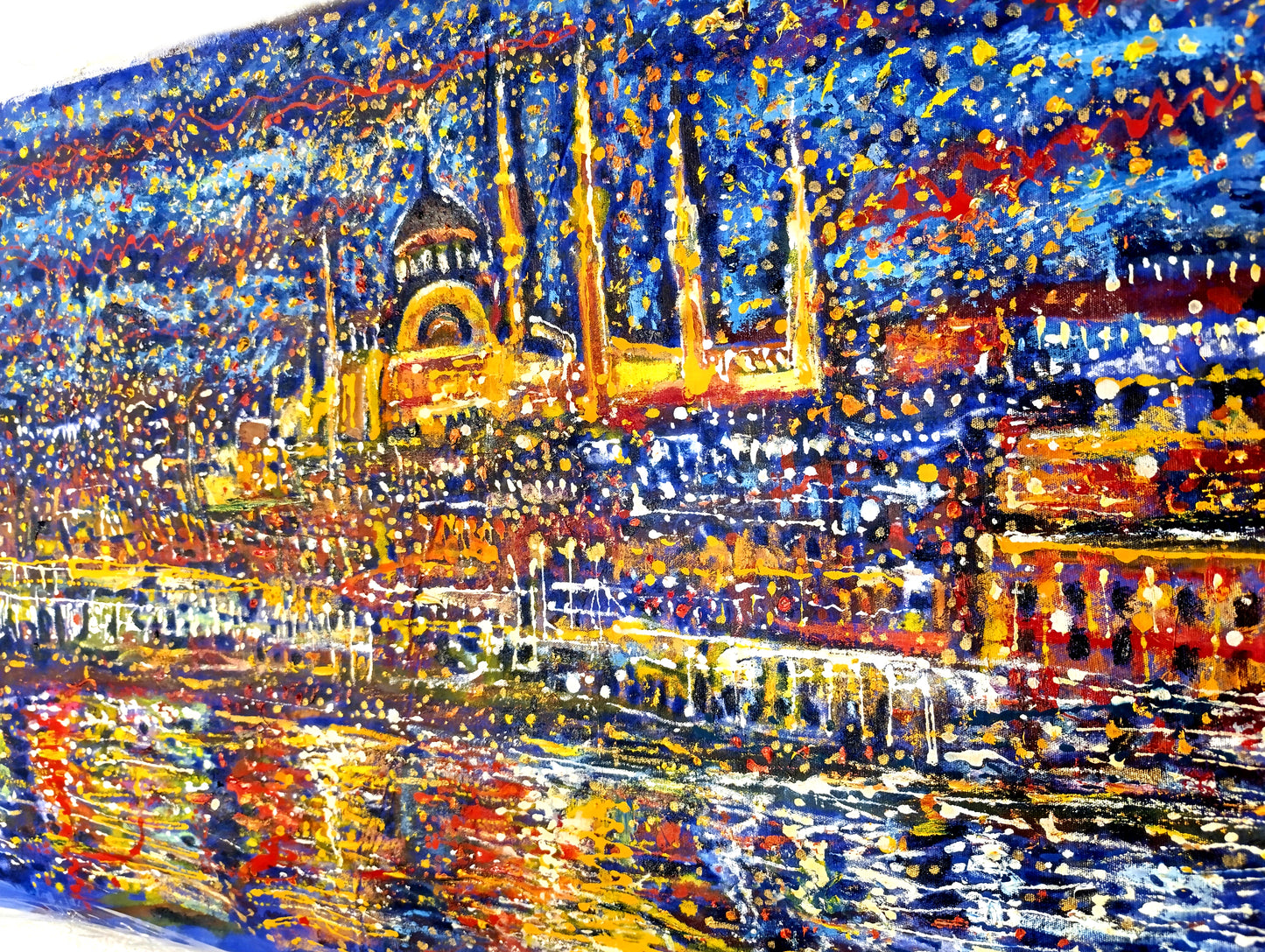 Istanbul painting, Abstract Turkey cityscape, Bosphorus at Starry Night ORIGINAL ART by Alex Solodov