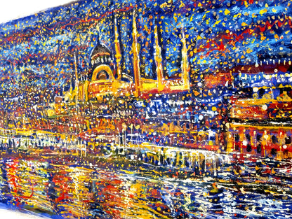 Istanbul painting, Abstract Turkey cityscape, Bosphorus at Starry Night ORIGINAL ART by Alex Solodov