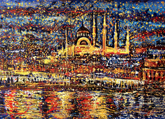 Istanbul painting, Abstract Turkey cityscape, Bosphorus at Starry Night ORIGINAL ART by Alex Solodov