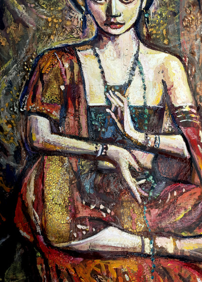 Asian art, Abstract oil painting, Portrait of a girl in meditation ORIGINAL ART by Alex Solodov