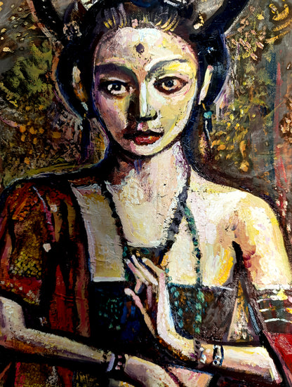 Asian art, Abstract oil painting, Portrait of a girl in meditation ORIGINAL ART by Alex Solodov