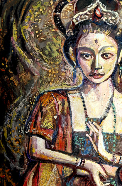 Asian art, Abstract oil painting, Portrait of a girl in meditation ORIGINAL ART by Alex Solodov