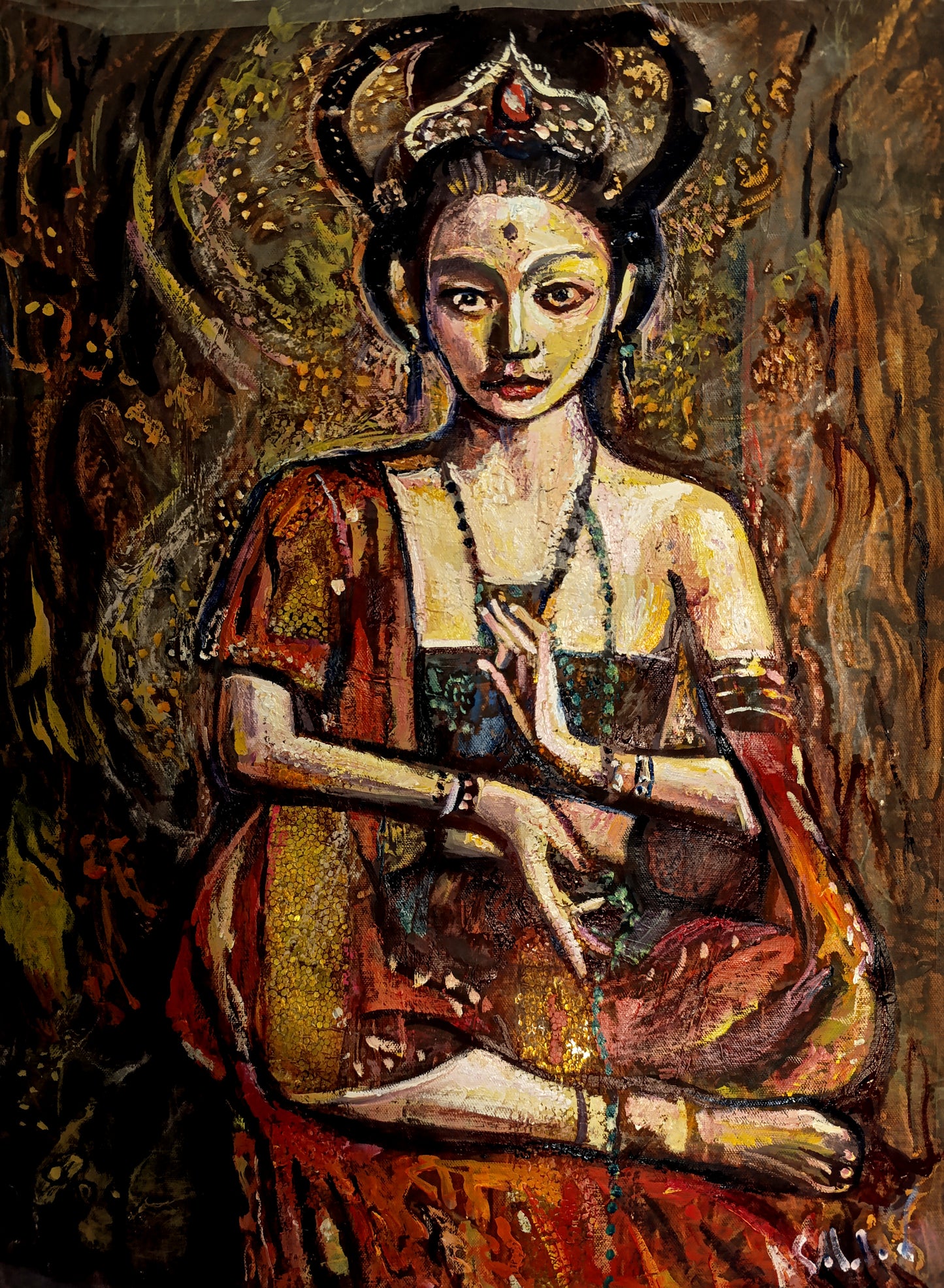 Asian art, Abstract oil painting, Portrait of a girl in meditation ORIGINAL ART by Alex Solodov